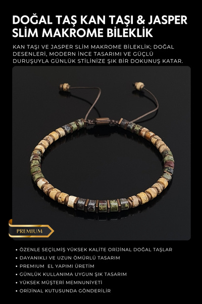 Seven Art Jewelry Doğal Taş Bileklik, Jasper ve Kan Taşı Makrome Bileklik, Ay...