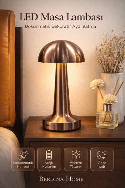 Berdina Home Mantar Retro Model Masa Lambası Siyah Dimmerli Şarjlı Dekoratif ...