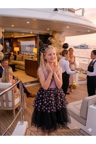 Hilal Akıncı Kids Kız Çocuk Yıldızlı Simli Love Model Abiye Elbise