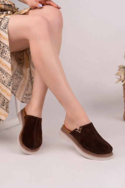 Deripabuc Γυναικείες δερμάτινες παντόφλες από γνήσιο δέρμα καφέ σουέντ DP81-0900