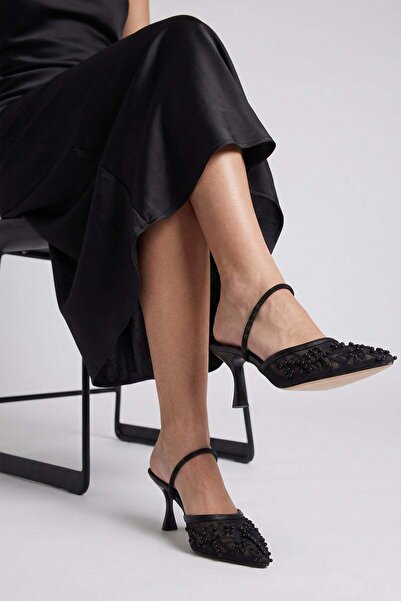 Modezya Γυναικεία παπούτσια με τακούνι Sonia Black Stone με διαφανή ελαστική ...