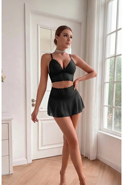 R ROCKBLACK Γυναικείο Μαύρο Σετ Νυχτικό με Δαντέλα και Με λεπτομέρεια από τού...