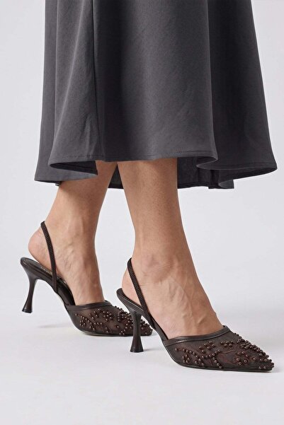 Modezya Γυναικεία παπούτσια με τακούνι Sonia Brown Stone Detail με διάφανη ελ...