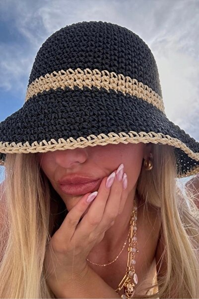 keisy Χειροποίητο πλεκτό ψάθινο καπέλο bucket σε μαύρο χρώμα υψηλής ποιότητας