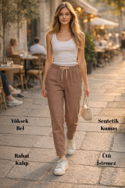 CEDY DENIM Γυναικείο καλοκαιρινό συνθετικό λινό ψηλόμεσο ελαστικό στενό παντε...