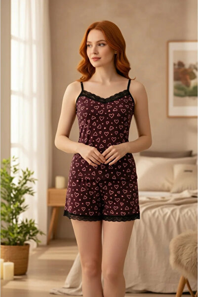 R ROCKBLACK Γυναικείο Σετ Πιτζάμες με Μωβ Σχέδιο Καρδιά με Σορτς και Δαντέλα
