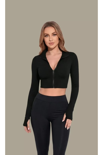 R ROCKBLACK Γυναικεία μαύρη μακρυμάνικη μπλούζα με φερμουάρ με λεπτομέρεια Cr...