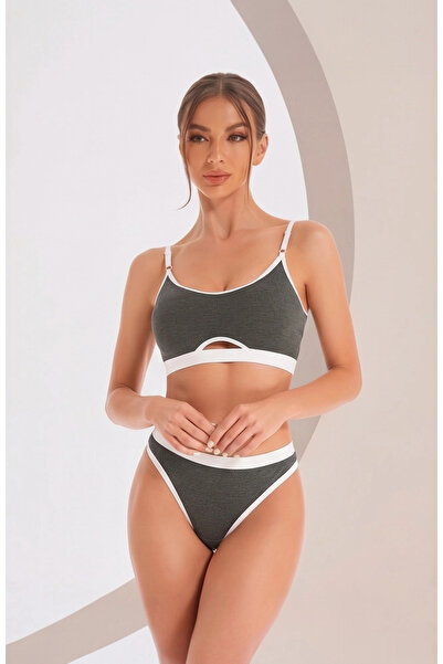 R ROCKBLACK Γυναικείο Σετ Καλσόν Στρινγκ με Κοψίματα σε Γκρι Ανθρακί πλέξη ρι...