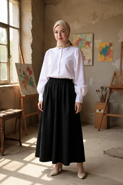 R ROCKBLACK Women's Black Double Fabric Elastic Waist Skirt with Pockets