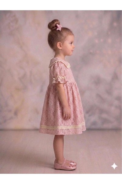 penu baby kids Pink Floral Patterned Lace & Fisto Detailed Short Sleeve Baby Girl & Girls Dress - Angelika