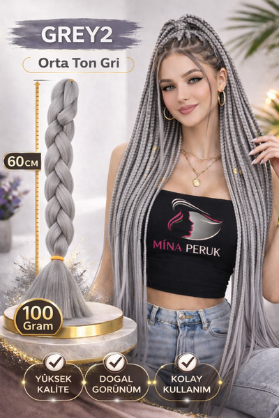 Mina Peruk Sentetik Örgülük Saç Esperer 100 Gr. - Orta Ton Gri