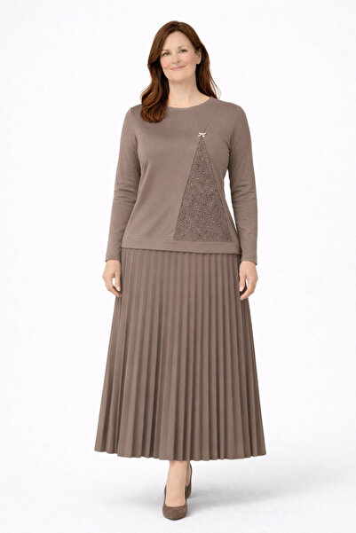 Mutlu City Γυναικείο Σετ Μπλούζας και Πλισέ Φούστας με Απλό Κέντημα Πέτρας γι...