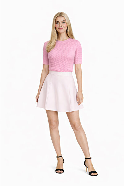 ModaYaren Ροζ κοντομάνικο πλεκτό μπλουζάκι με απαλή υφή και λαιμόκοψη πετσετέ...