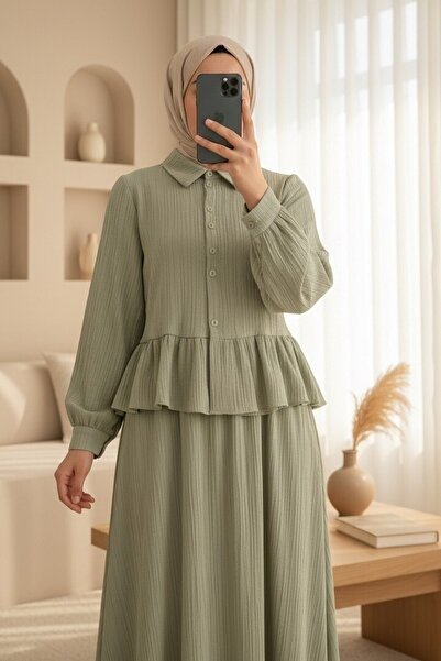 Modamorfo Σετ φούστας με βολάν, κουμπιά και κορδόνια στη μέση - λαδί