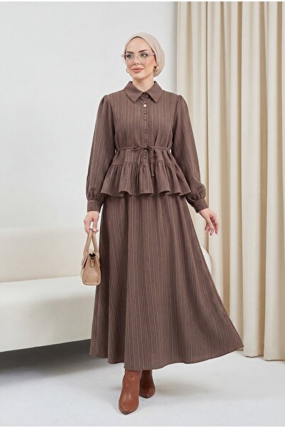 Modamorfo Σετ φούστας με βολάν, κουμπιά και κορδόνια στη μέση - καφέ