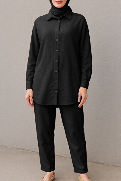 Modamorfo Παντελόνι με κουμπιά, πουκάμισο και λινό σετ - μαύρο