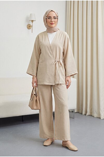 Modamorfo Σετ κιμονό με παντελόνι που δένει μπροστά - μπεζ