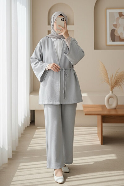 Modamorfo Σετ κιμονό με παντελόνι που δένει μπροστά - Ανοιχτό γκρι