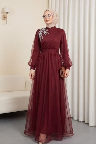 Modamorfo Βραδινό φόρεμα από τούλι με ντραπέ και πέτρινη λεπτομέρεια στο μπρο...