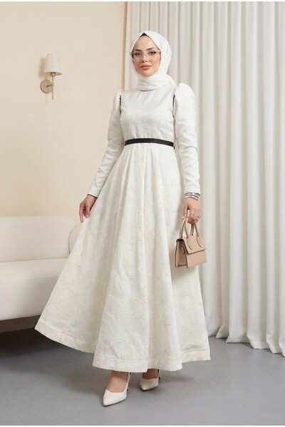 Modamorfo Ζώνη Μπαλόνι Φούστα Cold Print Kaftan Βραδινό Φόρεμα -λευκό