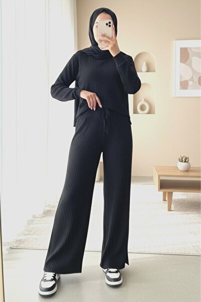 Modamorfo Παντελόνι με φαρδιά ραβδώσεις με λεπτομέρεια δαντέλας - μαύρο