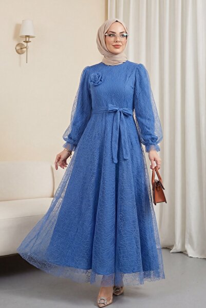 Modamorfo Βραδινό φόρεμα με μπλε λαβή με ελαστικό ζώνη ασημί φουσκωτό τούλι