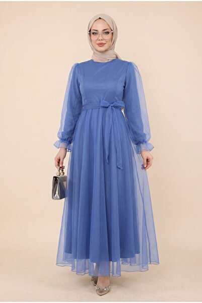 Modamorfo Βραδινό φόρεμα από τούλι με φουσκωτά μανίκια και φούστα - μπλε