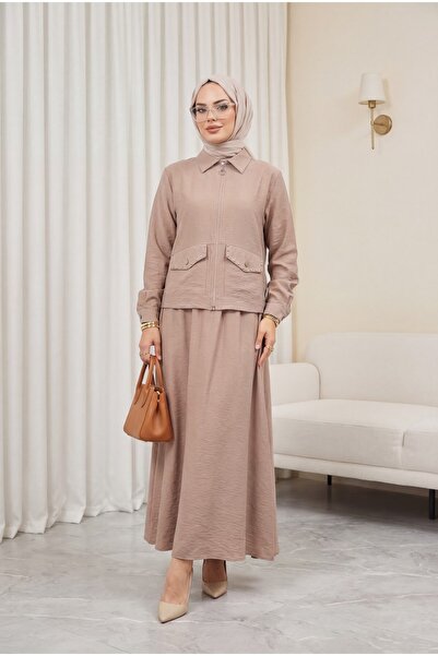 Modamorfo Λινό σετ με μπουφάν με φερμουάρ και φούστα με ελαστική μέση - βιζόν