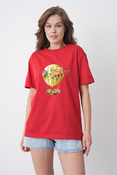TREND EMMODA Tricou roșu cu gât rotund, cu imprimeu cu baloane zburătoare, în...