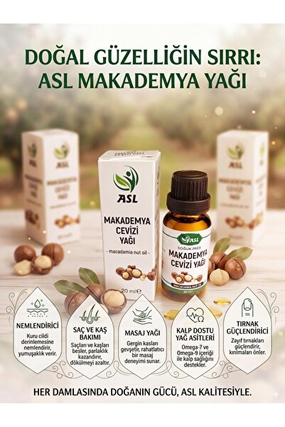 ASL Makademya Yağı %100 Saf & Doğal Macadamia Cadı Fındığı Yağı Soğuk Sıkım S...