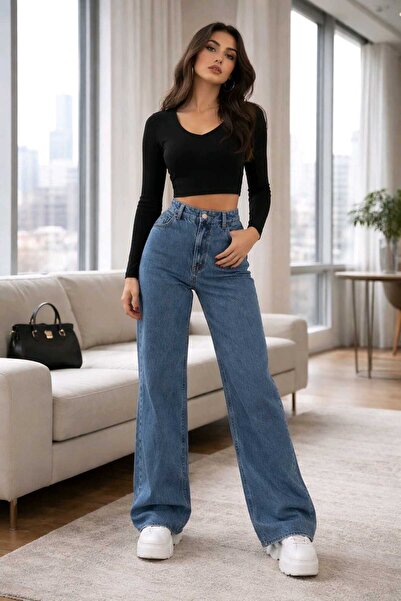 Lixera Μπλε Snow Wash Casual Ψηλόμεσο Παντελόνι Παλάτσο από Λύκρα με φαρδιά μ...