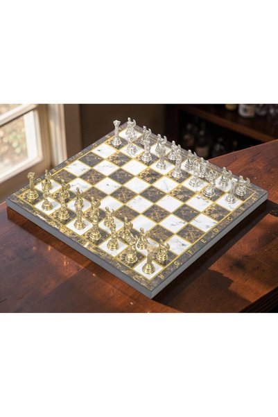 e-life Luxury Metal Chess Set with Pegasus Figure, Chrome Plated, Amber Marble Pattern, 20X20 Premium Set