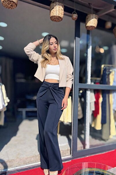 yogo butik Lacivert Yüksek Bel Düğüm Detaylı Bol Paça Pantolon