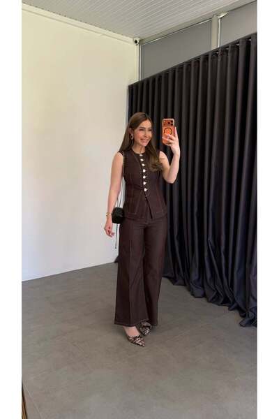 elif teke طقم سترة دينيممو من الدنيم باللون البني