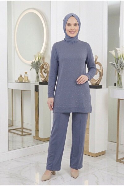 wishne Women's Stone Embellished Tunic and Trousers Double Set - Plus Size Co...