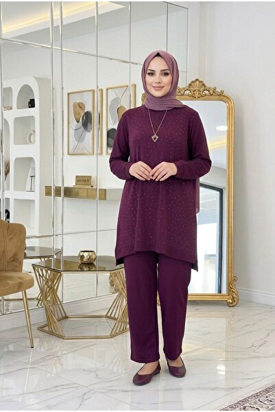 wishne Women's Stone Embellished Tunic and Trousers Double Set - Plus Size Co...
