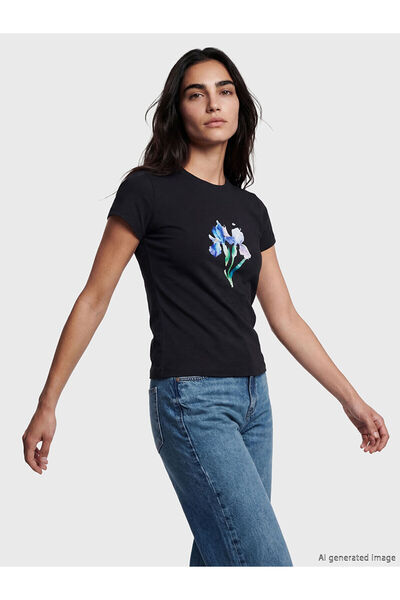 LC Waikiki Lcw Vision Anthracite Oval Neck Floral Printed Women's T-Shirt wit...