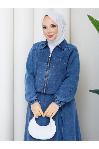 nisanurfashion Stone Embellished Blue Denim Skirt Set