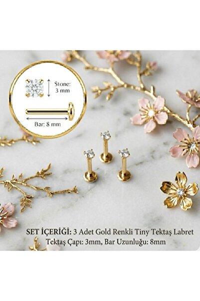 3 Pieces Mini Solitaire Surgical Steel Piercing Tragus Helix Cartilage Conch Gold- Silver Color 8 mm 3 mm Stone