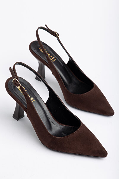 LEMUES SHOES Kadın Kahverengi Süet Tokalı Sivri Burun Kilasik Topuklu Ayakkabı