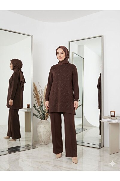 wishne Women's Stone Embellished Tunic and Trousers Double Set - Plus Size Co...
