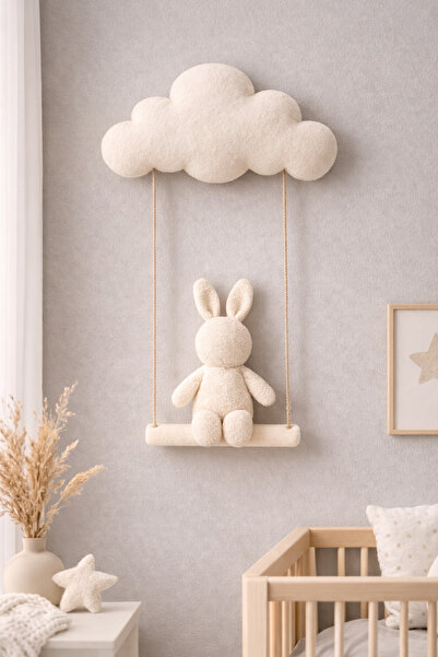 Cherry Bloom Cotton Çocuk Odası Buluttan Sallanan Tavşan Duvar Süsü Tedy Çift...