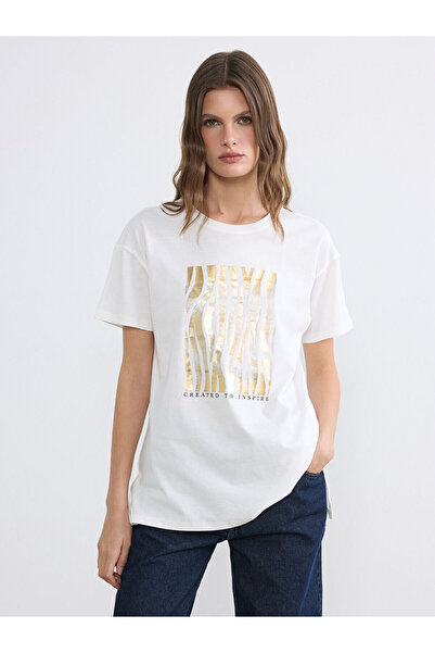 LC Waikiki Nevavm Women's T-Shirt with Oval Collar and Printed Design