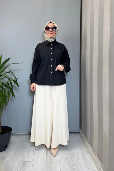 AlMarwah Πουκάμισο ποπλίνα με λεπτομέρεια στην τσέπη, μαύρο 101003