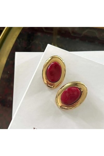 Lunarie Xuping Large Oval Statement Earrings - Vip Gold Framed Vintage Earrings with Plum Red Resin Stone