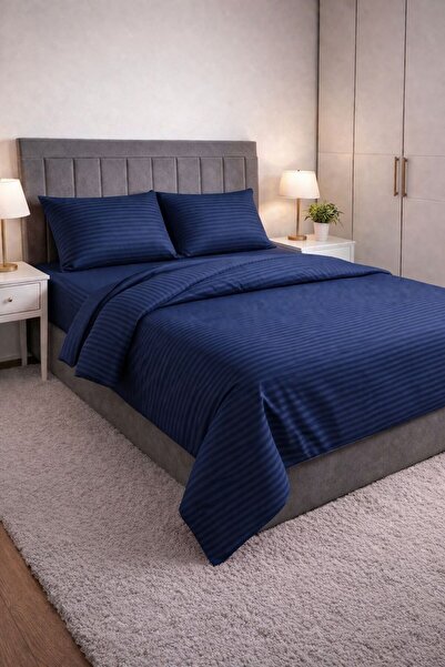 Sares Home Βαμβακερό Σετ Κλινοσκεπασμάτων Διπλό Νεοβαμβακερό Σατέν Ναυτικό Μπ...