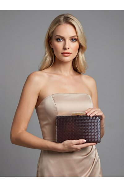 Biçanta Καφέ χρυσή λεπτομέρεια Χειροποίητη δερμάτινη τσάντα γυναικείου βραδιν...