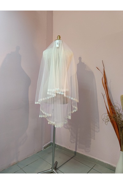 GÖKŞİN MODA Papatya Gipür İşlemeli Kısa Duvak 95 cm