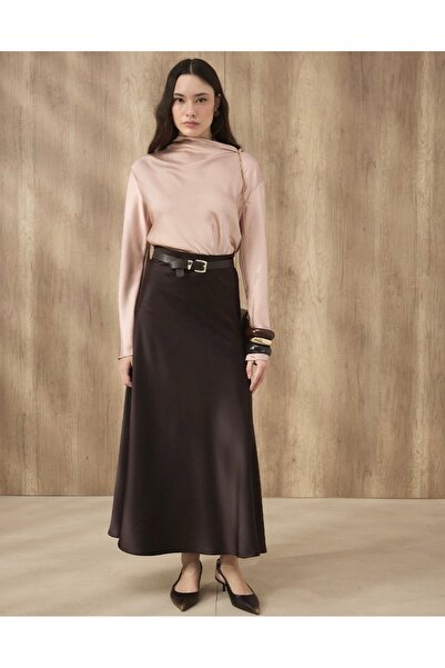 BERİ BUTİK Women's Long Bitter Coffee Satin Skirt