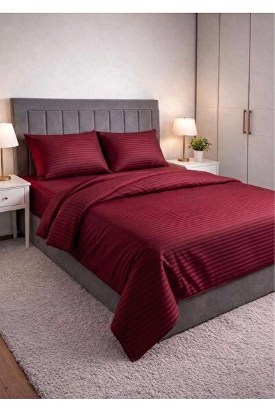 Sares Home Βαμβακερό μπορντό χρώμα (ριγέ) σατέν σετ διπλής παπλωματοθήκης με ...